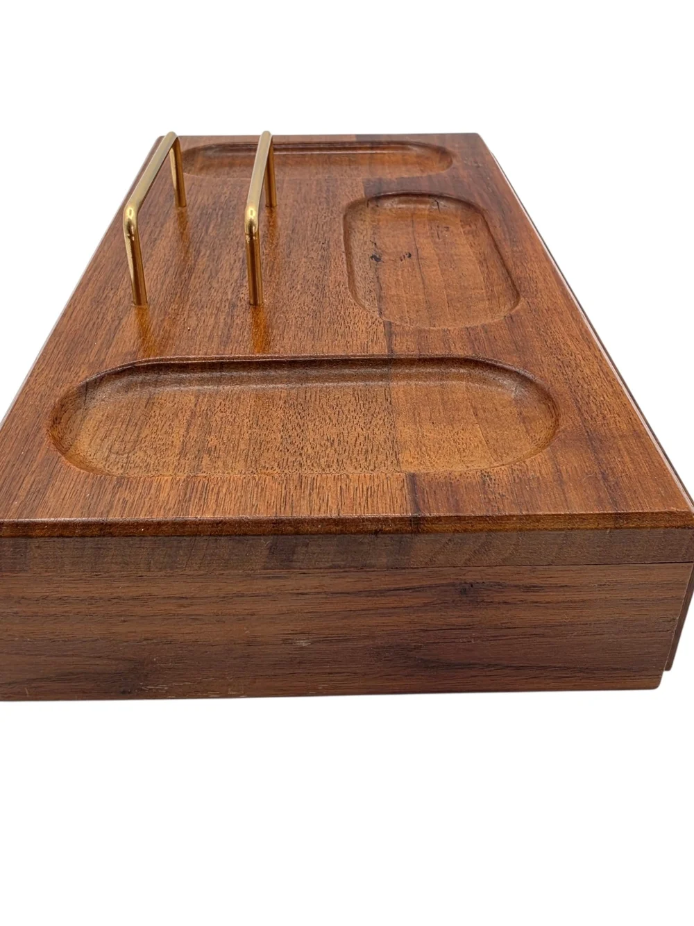 Vintage Wooden Jewelry Tray Mens  Valet with Red Velvet Interior and Gold Handle